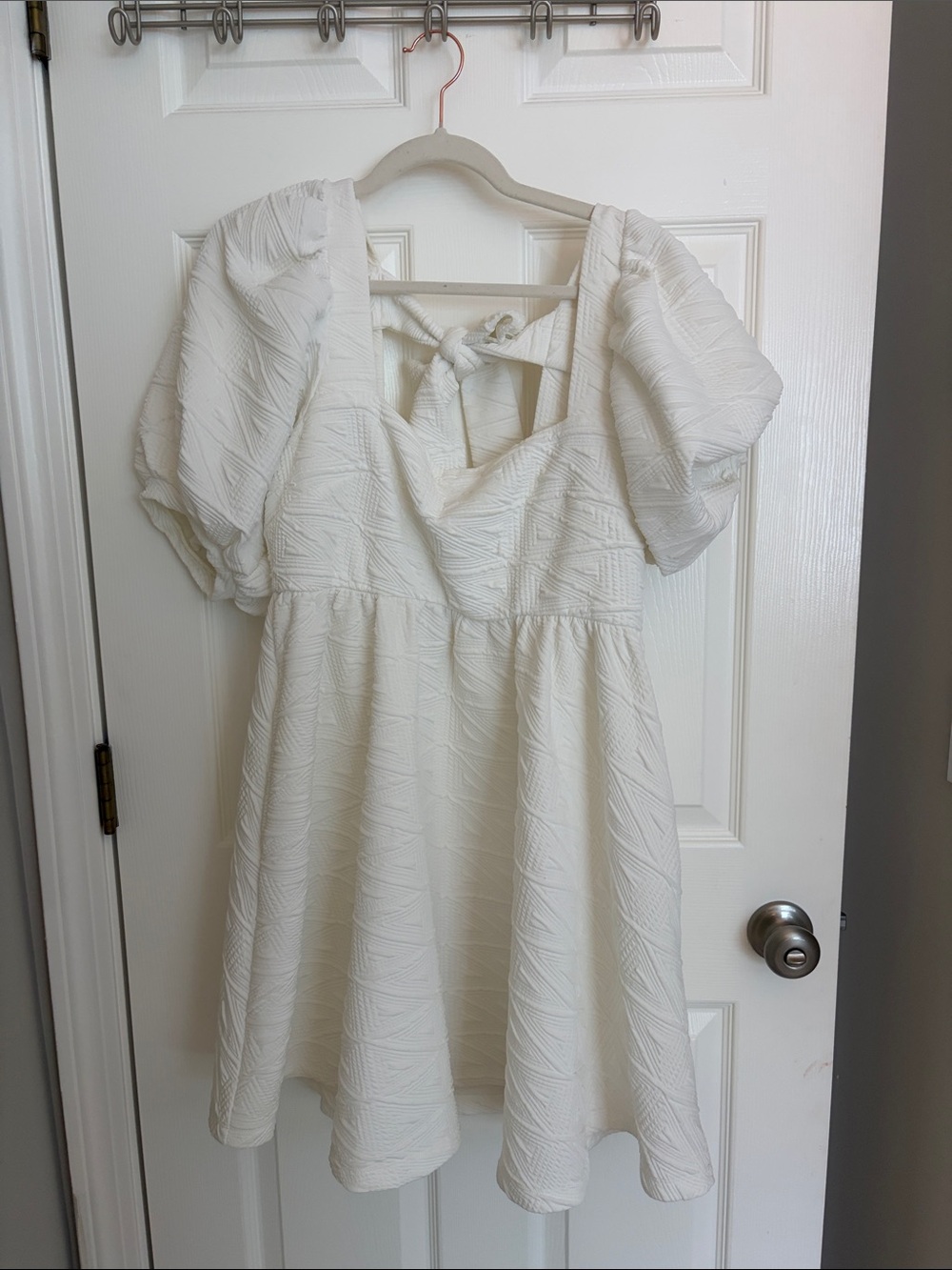 Free People White Textured Puff-Sleeve Mini Dress with Back Tie